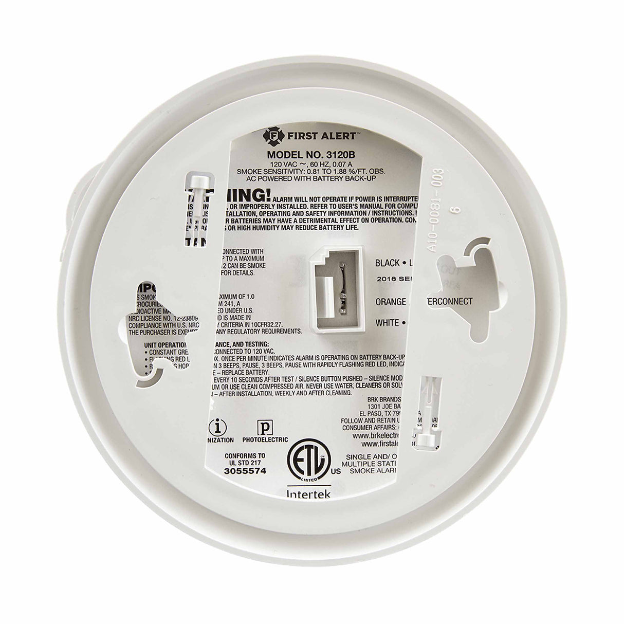 3120B Hardwire Dual Sensor Smoke Alarm with Battery Backup - Back