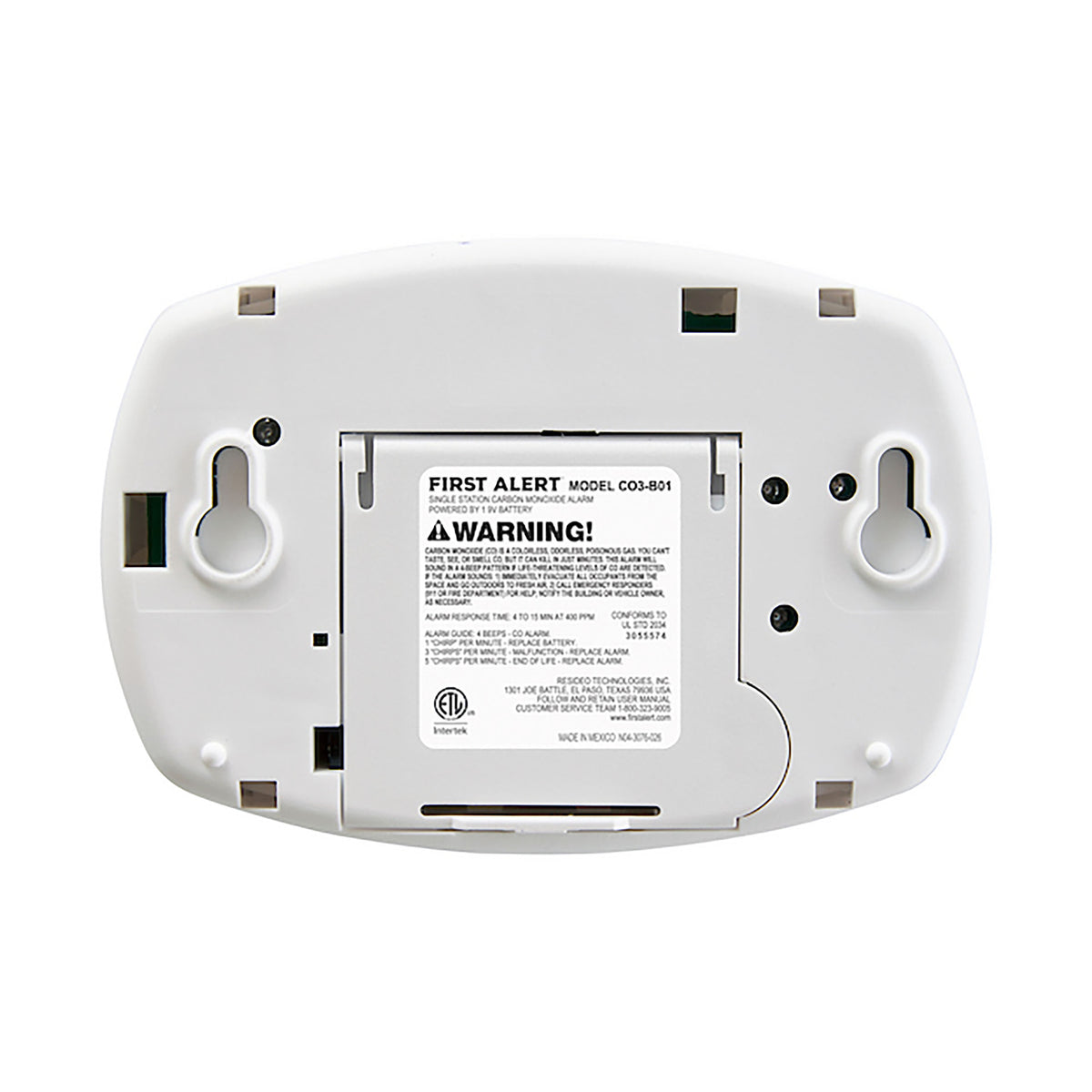 Back of CO3-B01 CO Alarm