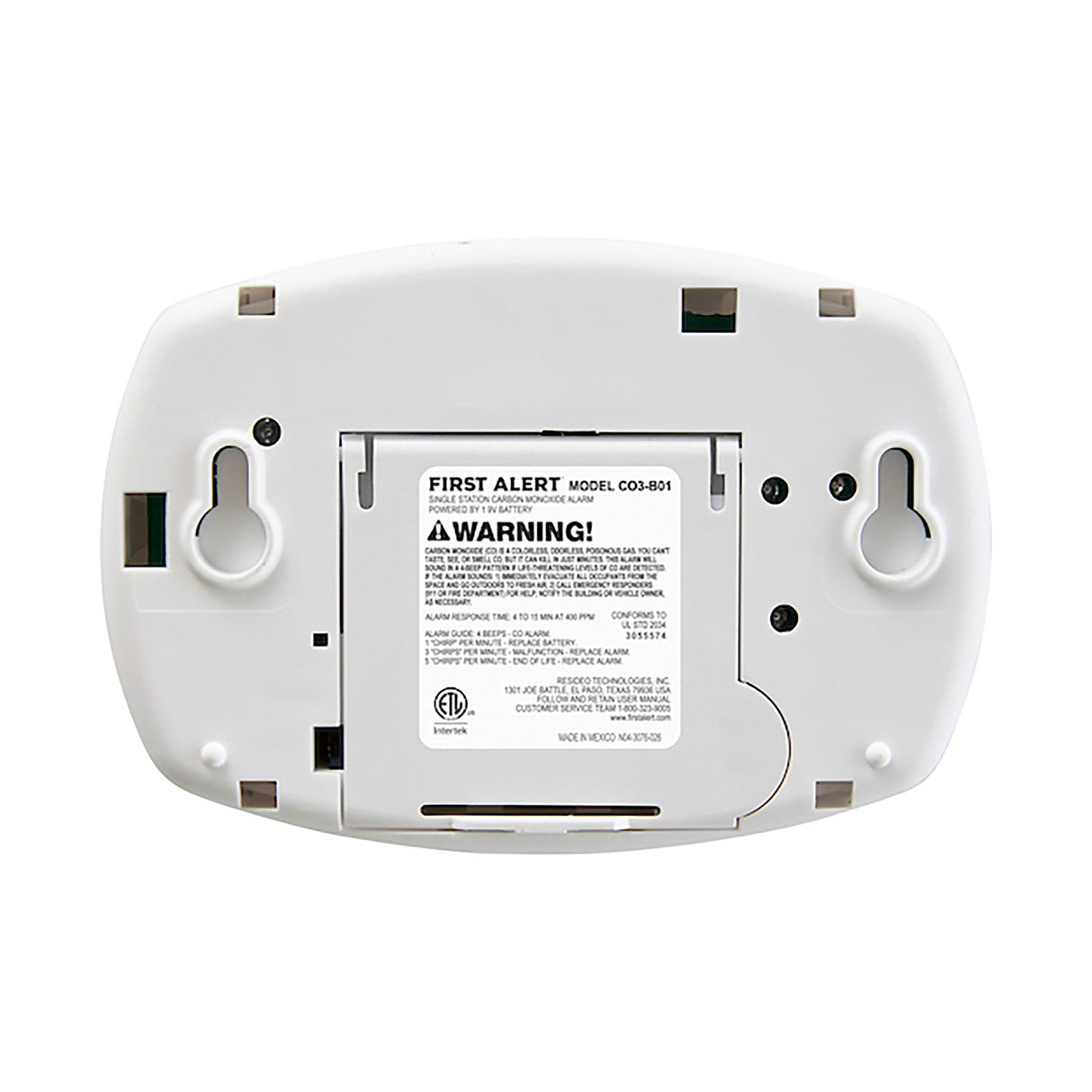 Back of CO3-B01 CO Alarm