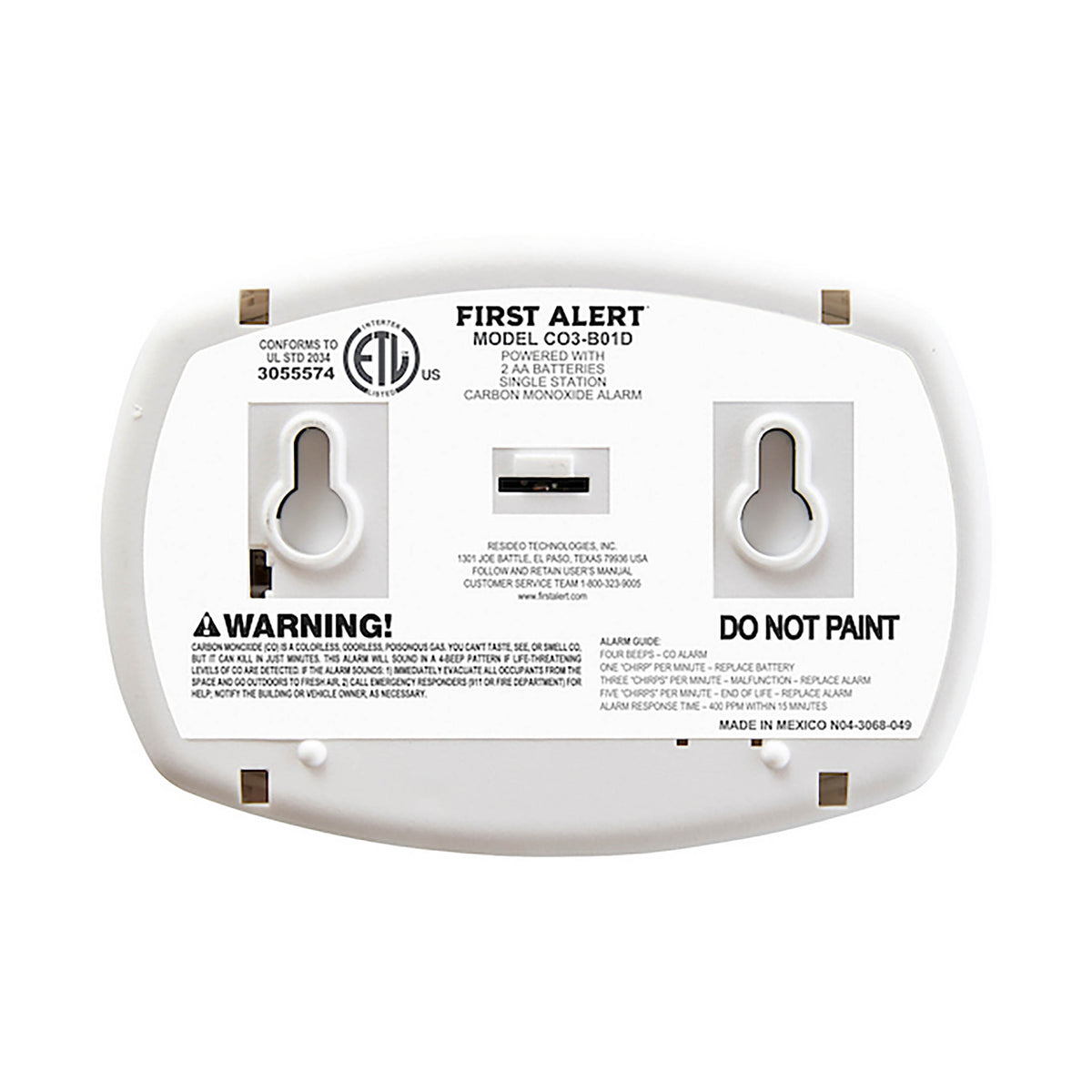 Back of CO3-B01D CO Alarm