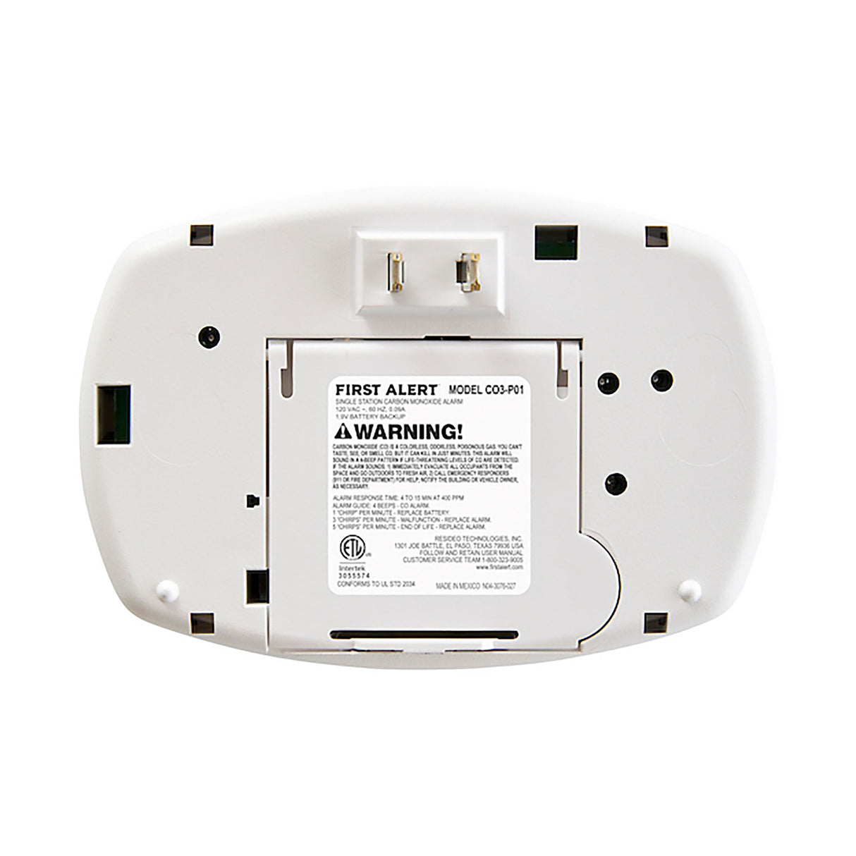 Back of CO3-P01 plug-in CO Alarm