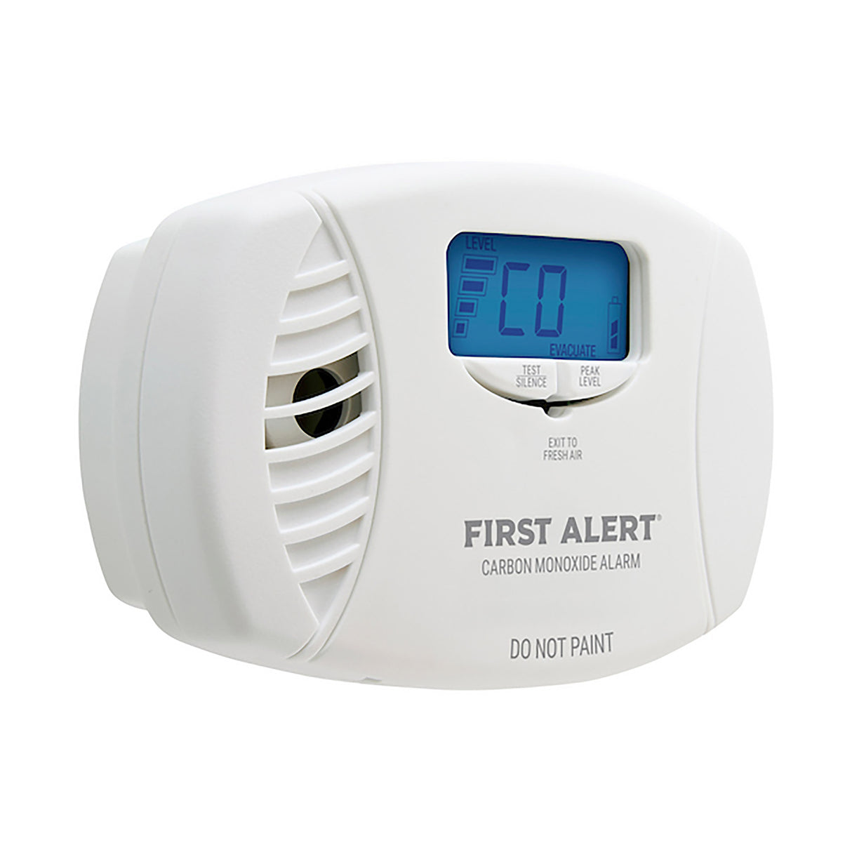 Facing right white CO3-P01D plug-in CO alarm with display