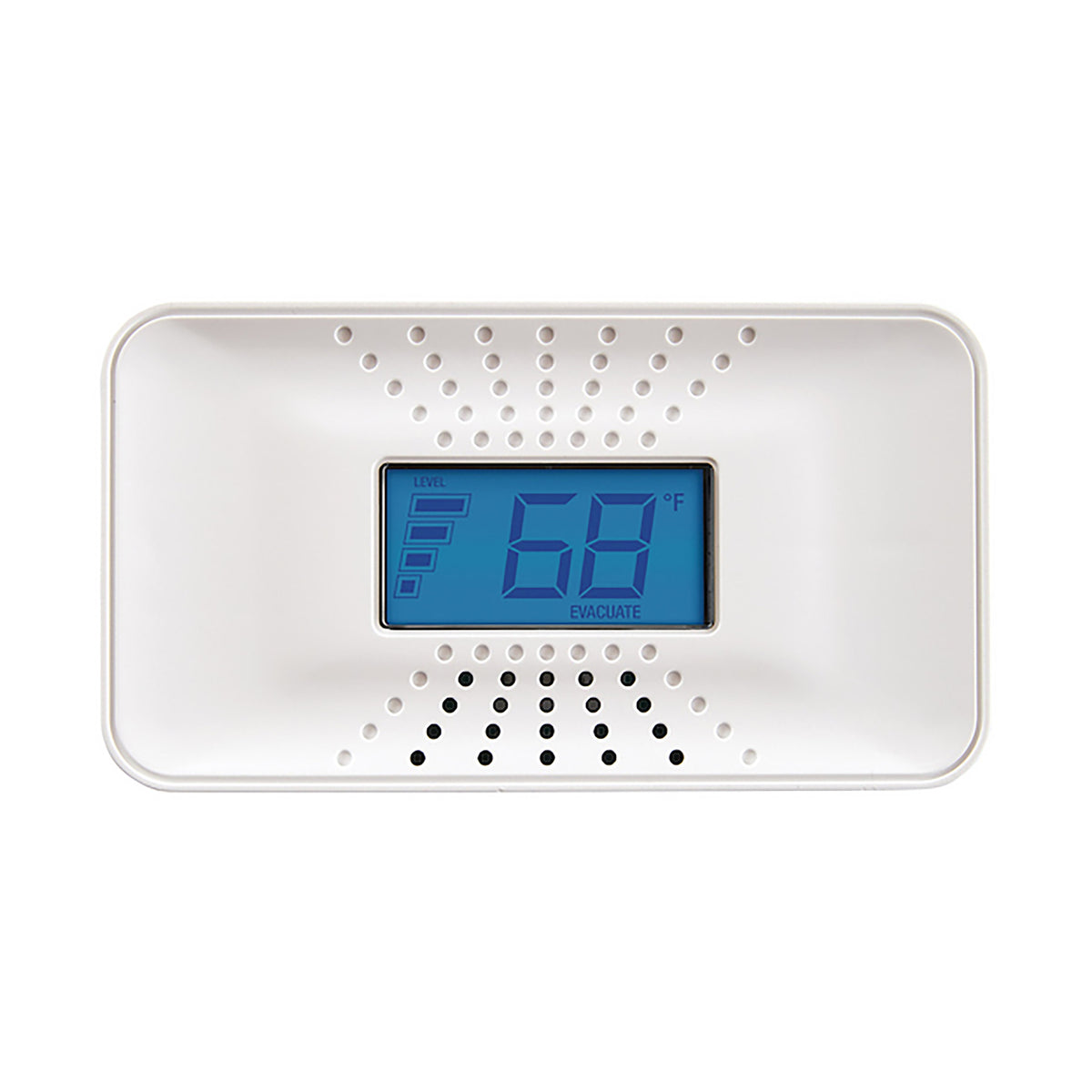 Front facing white CO5-B10D 10 yr Battery CO Alarm with temperature display in fahrenheit