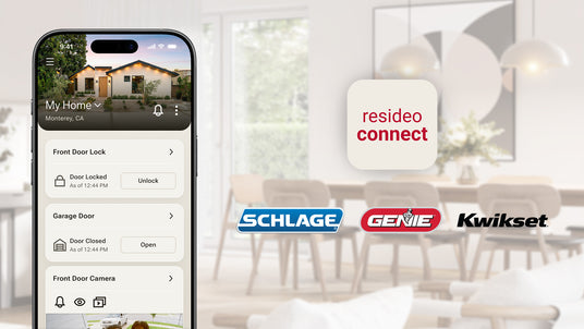 A smartphone displayce the dashboard for the Resideo Connect app; compatible with Schlage, Genie, and Kwikset.