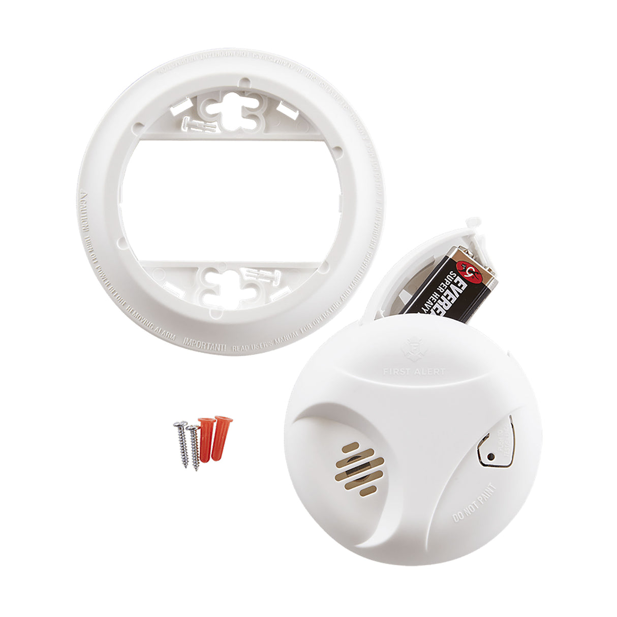 Smoke Alarm with mounting plate, side battery drawer open, anchors and screws