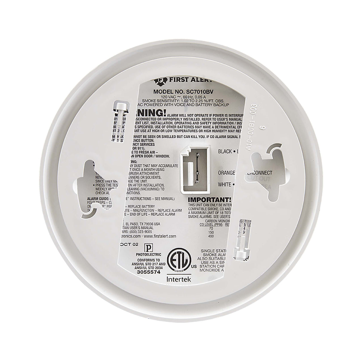 SC7010BV Hardwired Smoke and Carbon Monoxide Alarm with Voice Location - Back