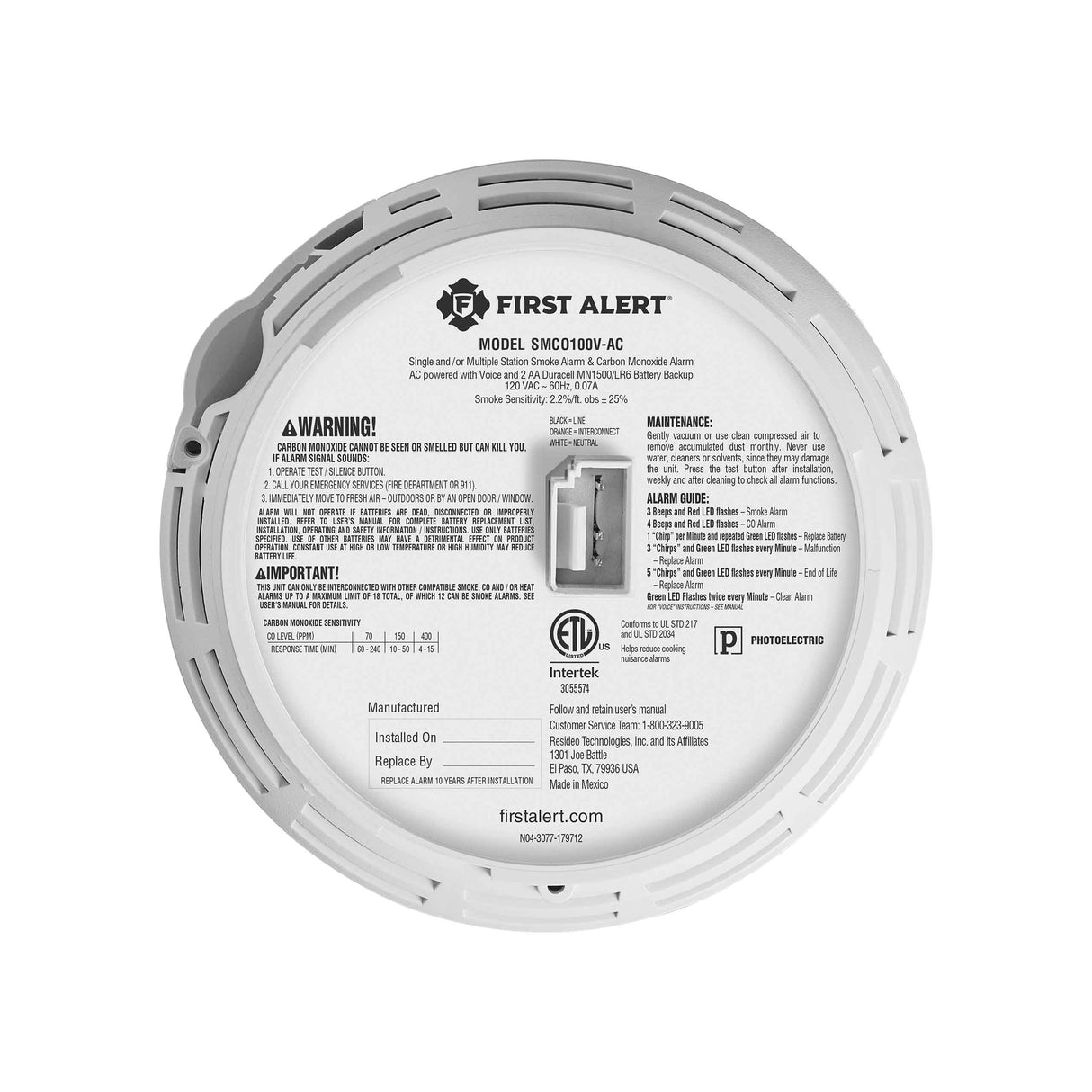 Interconnect Hardwire Smoke and CO Alarm with Battery Backup and Voice