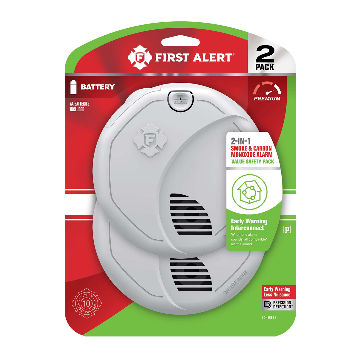 Smoke and CO Alarm front view in package 2 pack