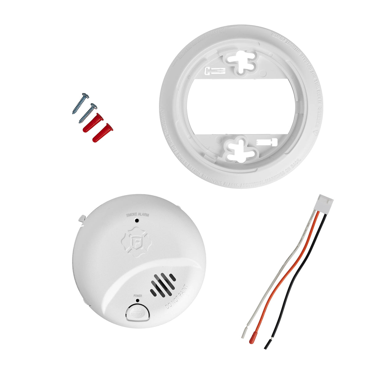 Smoke Alarm with mounting plate, relay, anchors and screws