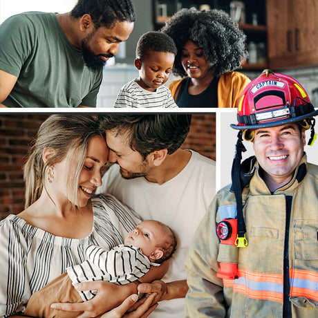 Every Moment Matters text with fire fighter and couple holding their baby