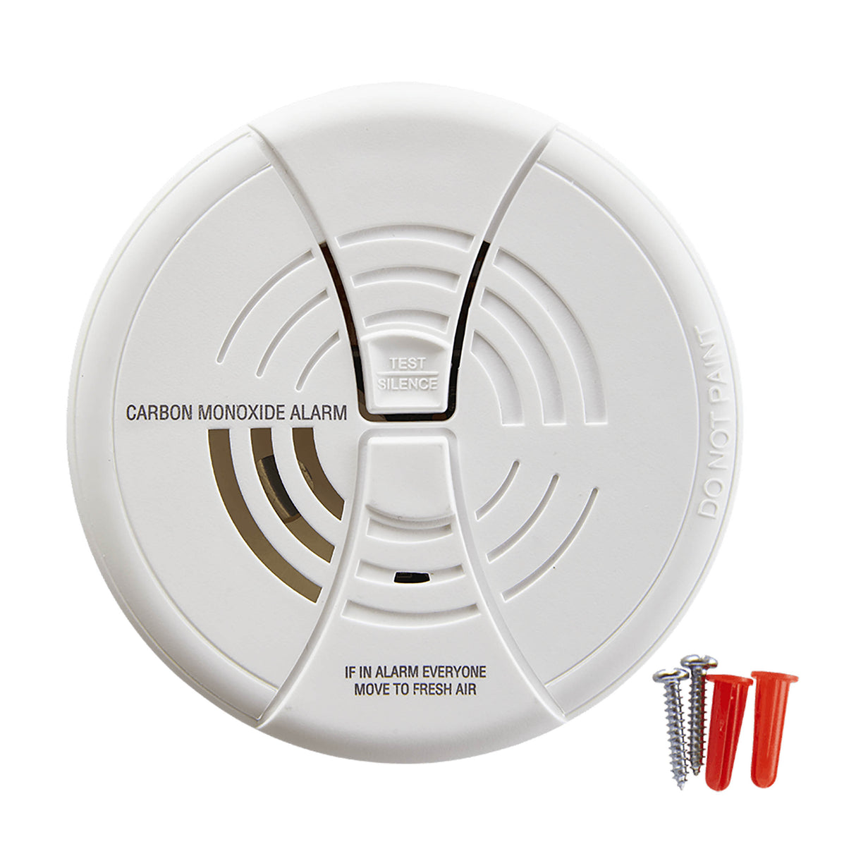 Carbon Monoxide Alarm front view with anchors and screws