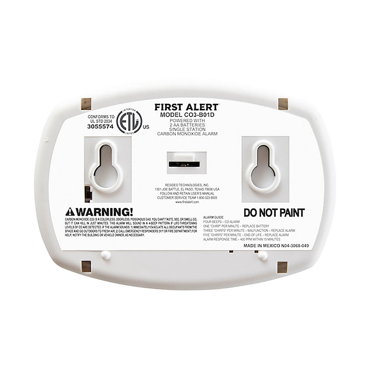 Back of CO3-B01D CO Alarm