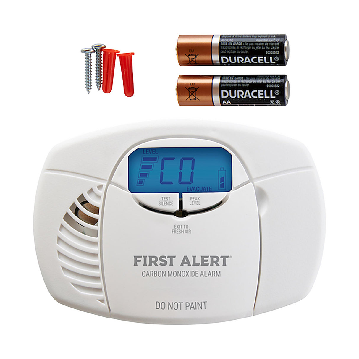 Front Facing white CO3-B01D CO Alarm with display and assessories