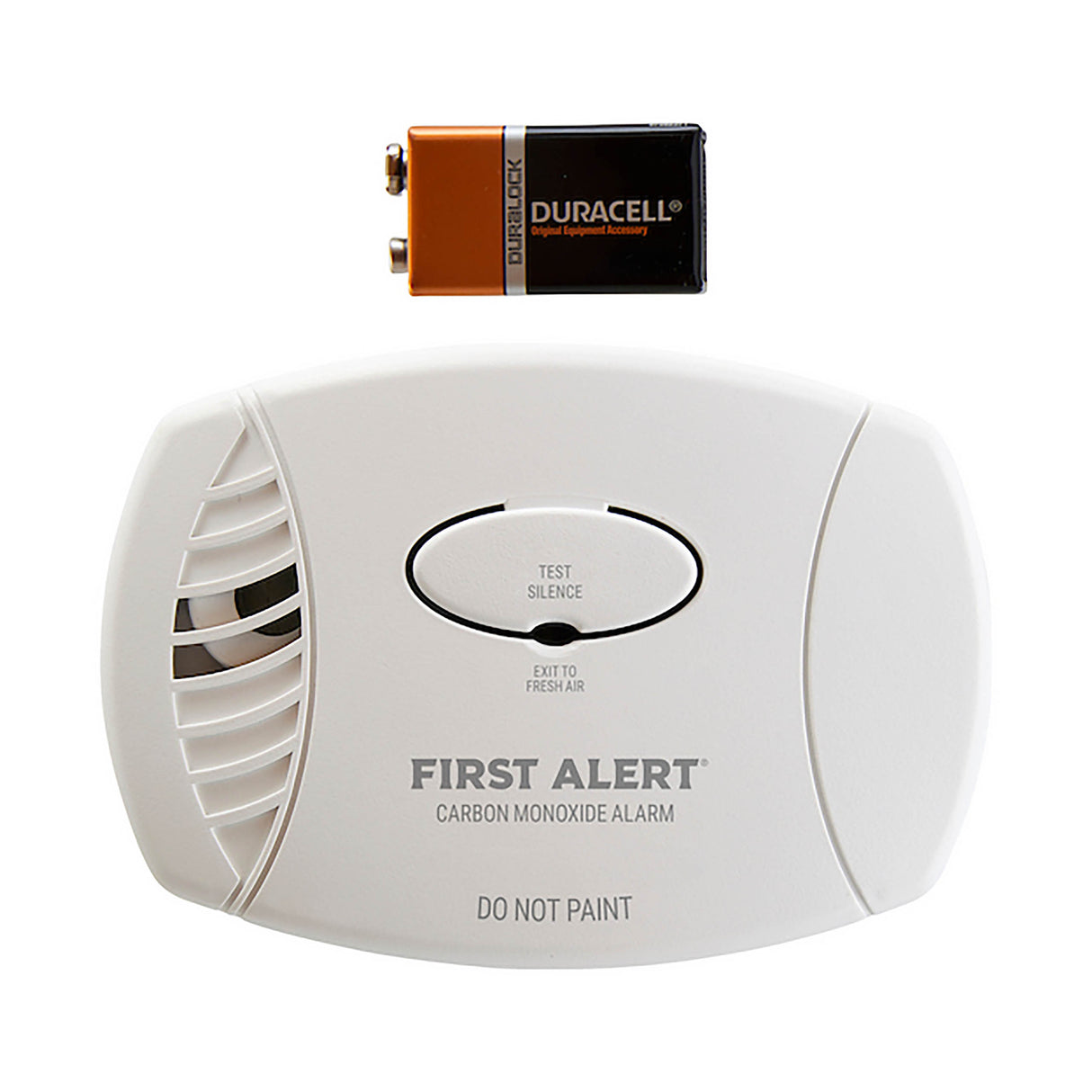 Front facing white CO3-P01 plug-in CO Alarm with assessories