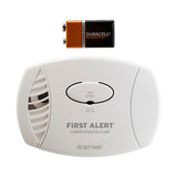 Front facing white CO3-P01 plug-in CO Alarm with assessories