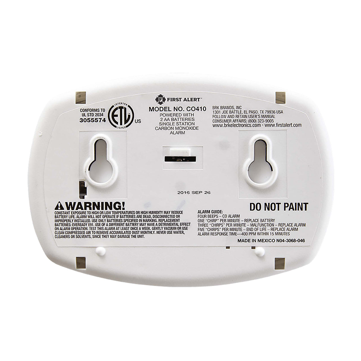 CO410 Battery Operated Carbon Monoxide Alarm with Backlit Digital Display - Back