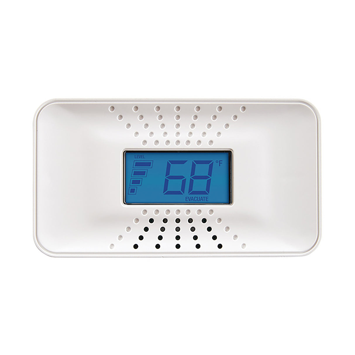 Front facing white CO5-B10D 10 yr Battery CO Alarm with temperature display in fahrenheit