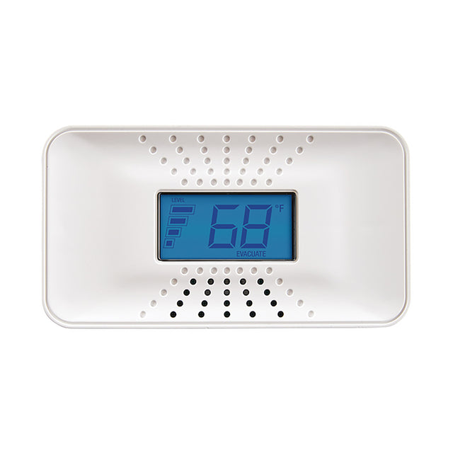 ProdImg;CO5-B10D;CO5-B10D-c1-6.jpg;Front facing white CO5-B10D 10 yr Battery CO Alarm with temperature display in fahrenheit