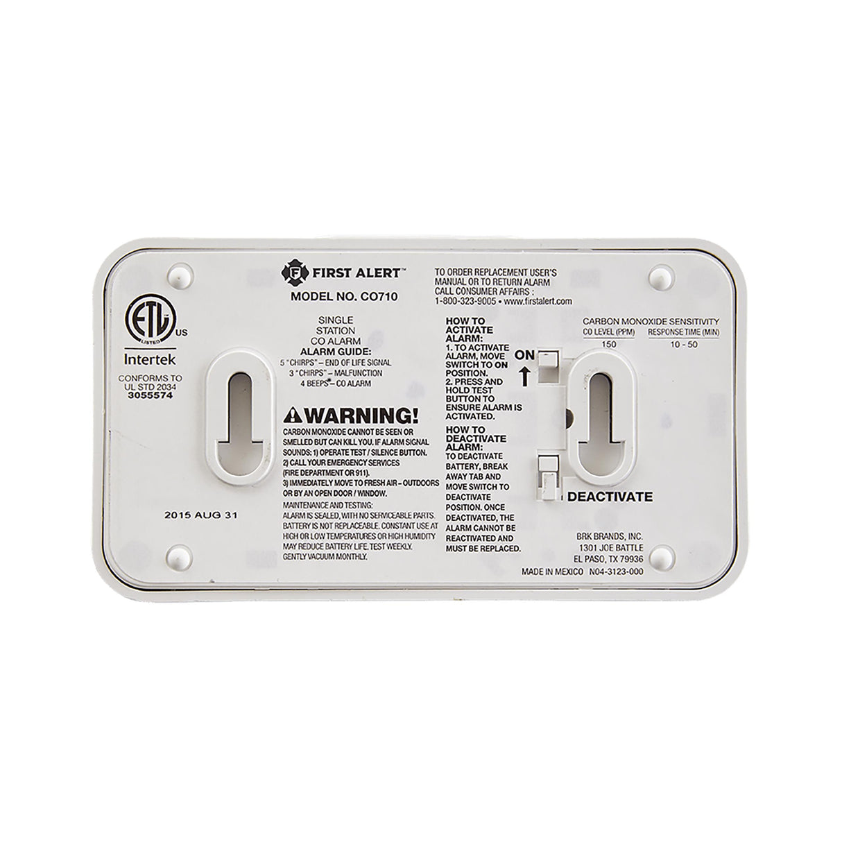 Carbon Monoxide Alarm back view