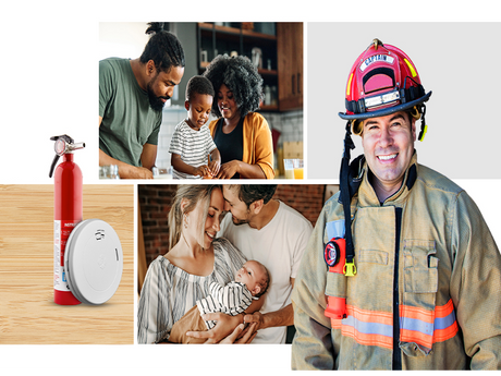 Collage of family images with a fire fighter in the middle.