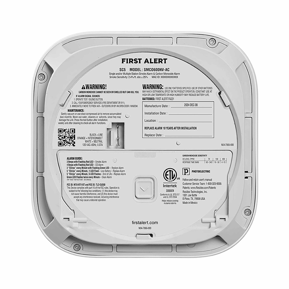 Back of Hardwired Smart Smoke and CO Alarm