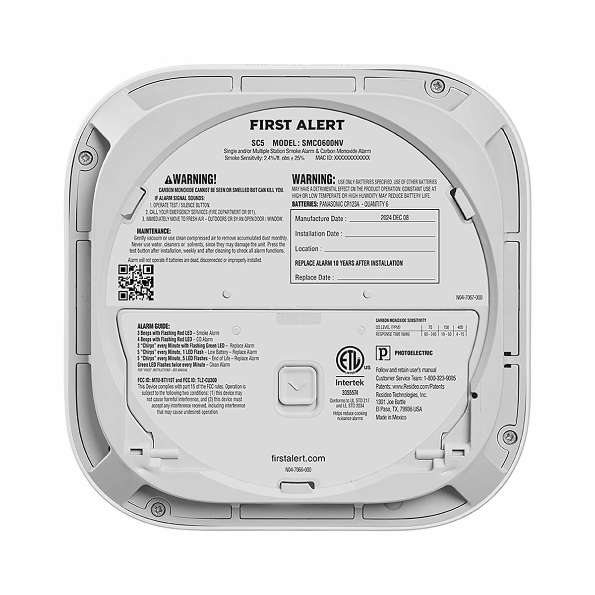 Back of Battery powered Smart Smoke and CO Alarm
