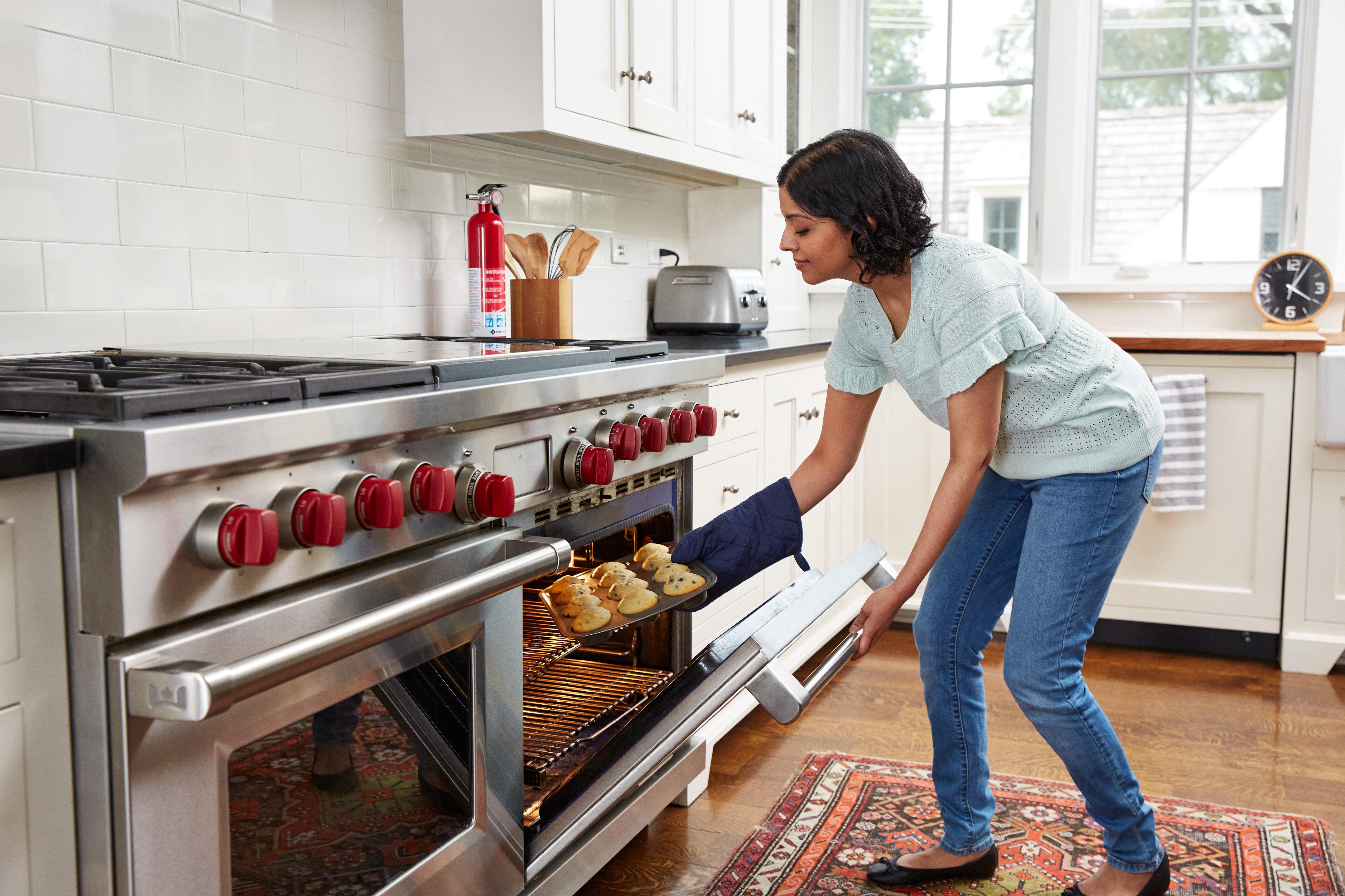 Fire extinguisher sitting on countertop 