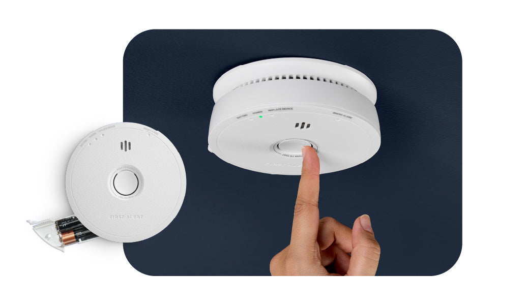 one close-up of the device and one larger view mounted on a wall with a finger pressing the central button. 