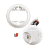 Smoke Alarm with mounting plate, side battery drawer open, anchors and screws