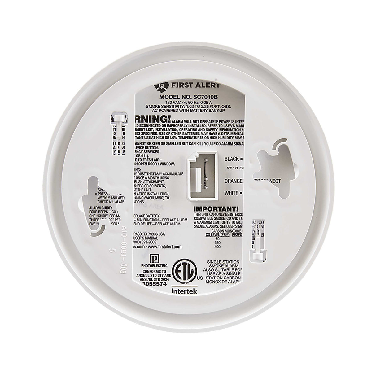 SC7010B Hardwired Combination Smoke and CO Alarm with Battery Backup - Back