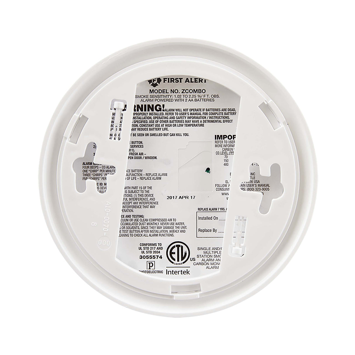 Smoke and Carbon Monoxide Alarm back view with mounting plate attached