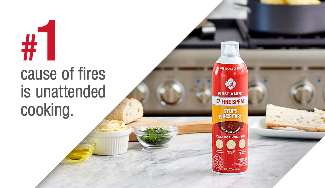 #1 cause of fires is unattended cooking. EZ Fire Spray is on a kitchen table.