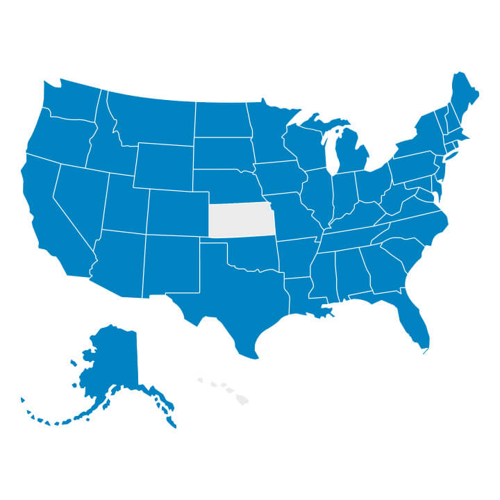 A map of the United States. All states are blue, Kansas is highlighted in gray.